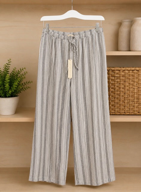 Grey & White Striped Wide-Leg Cotton Pants
