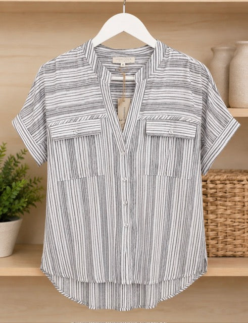 Grey & White Striped Button-Front Shirt