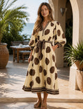 Ivory Leaf Print Tie-Waist Midi Dress