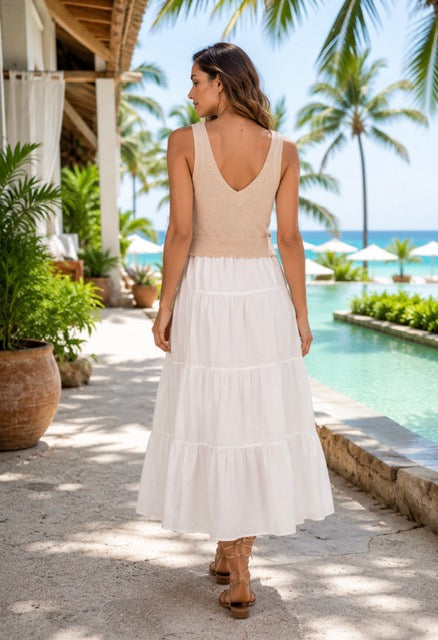 Tiered Midi Dress with Knit Bodice
